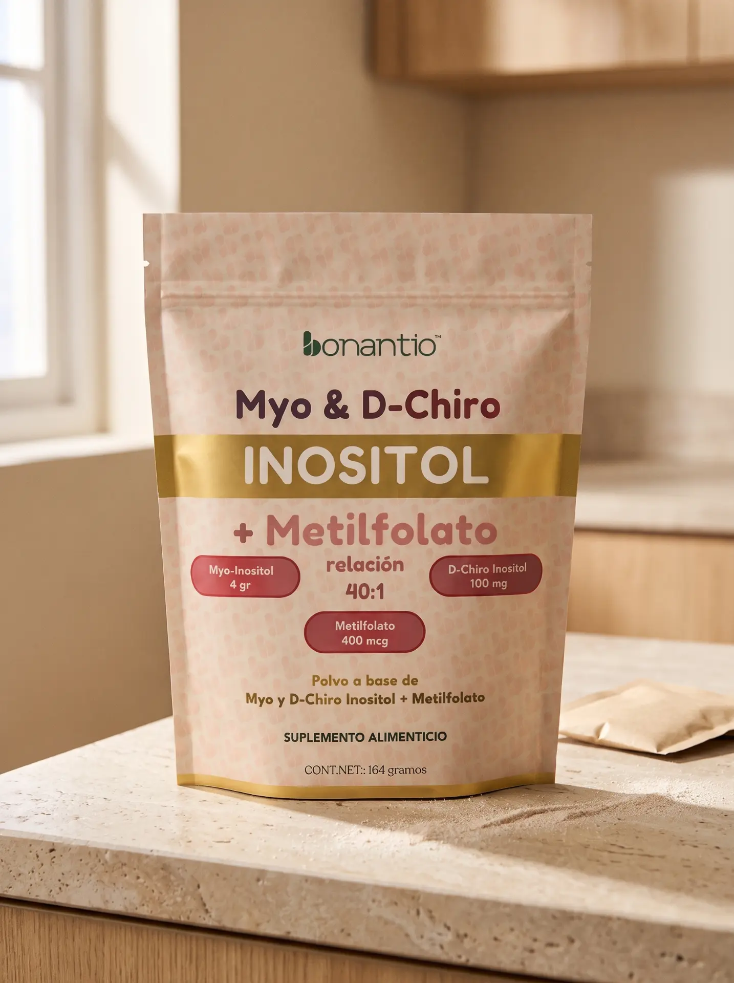 Bolsa de Myo & D-Chiro Inositol Bonantio sobre una barra de cocina con luz natural