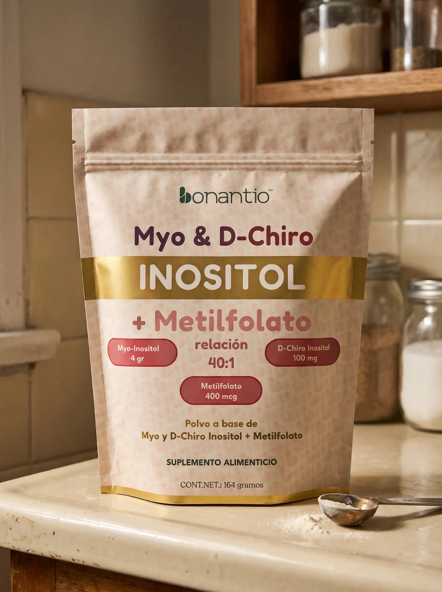 Inositol Bonantio en una alacena con frascos de vidrio