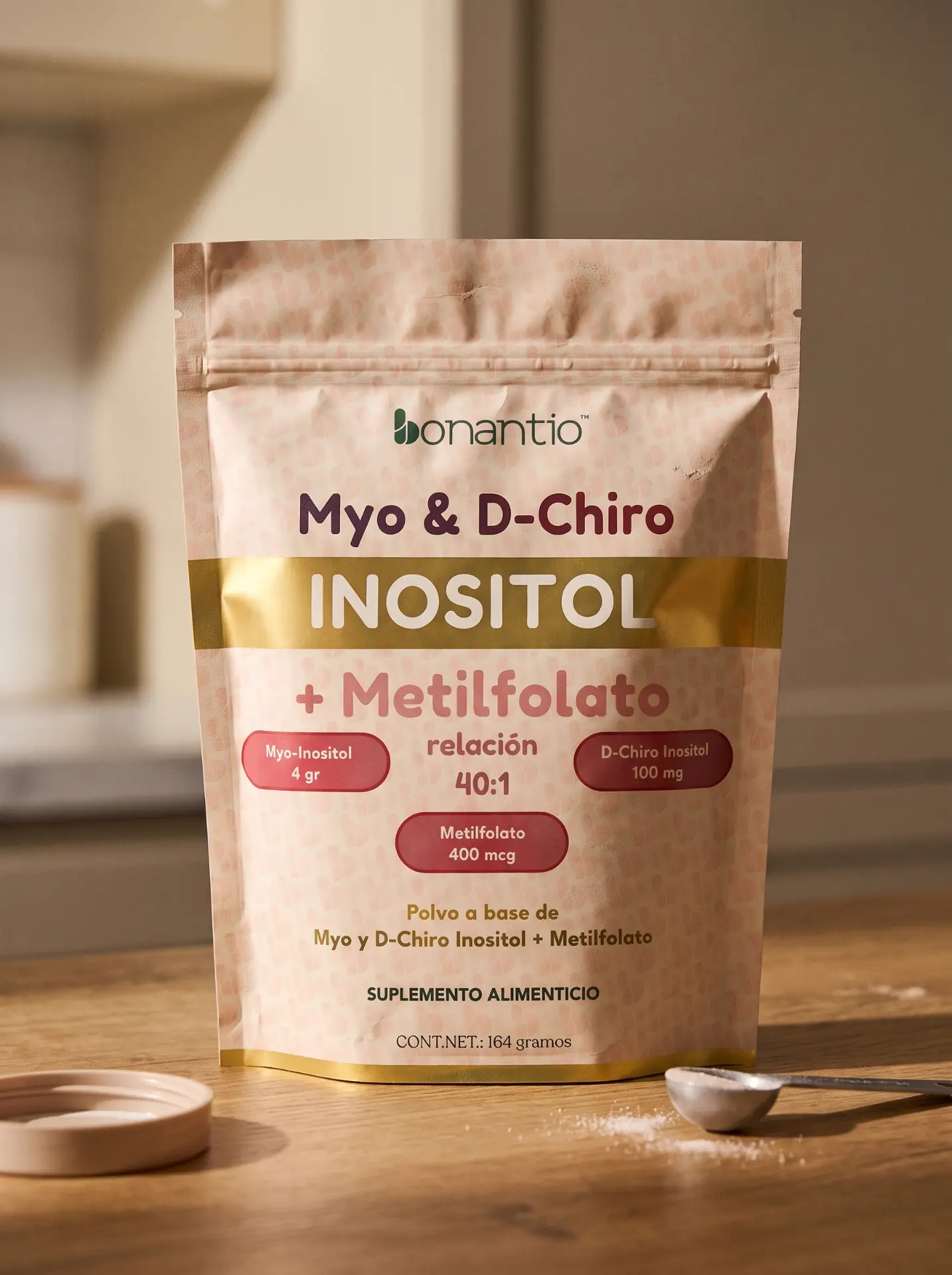 Inositol Bonantio junto a una cuchara medidora sobre madera